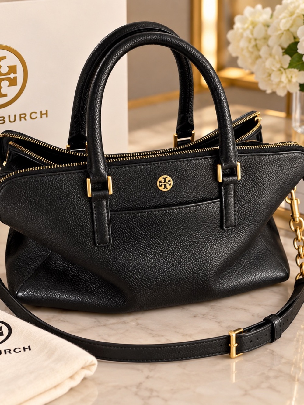 Tory Burch Black Pebbled Leather Satchel with Gold Hardware